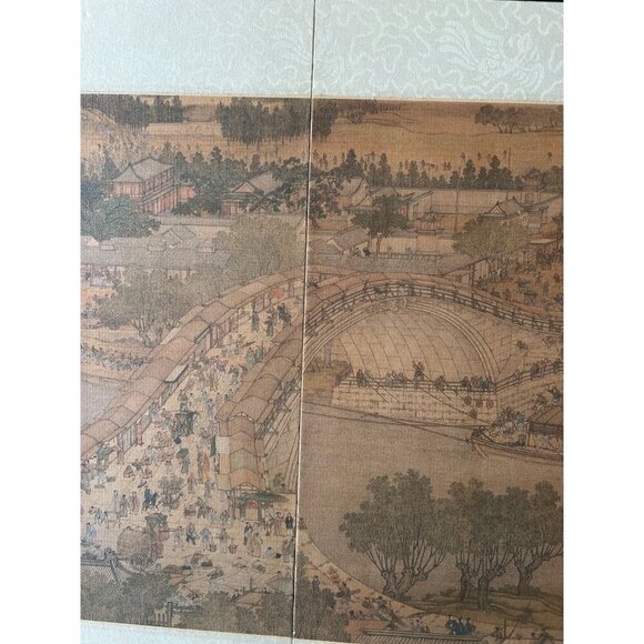 4 Panel Byobu Japanese Folding Mini Screen Village River Bridge Scene 21” X 14” - Picture 7 of 14